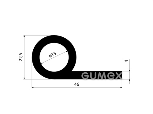 Gumový profil tvaru "P" s dutinkou, 46x22,5/4mm, dĺžka 2500mm, 60°ShA, SBR, -40°C/+70°C, čierny